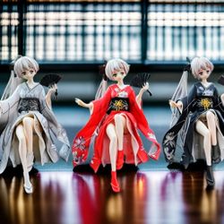 3 Anime Samurai Warriors Princess Red Black & White Figurines with Swords & Fans