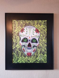 Large day of the dead skull marijuana painting,weed art,high art,lowbrow,outsider,dia de los muertos,mexican art,mexico,pot,joint,framed painting