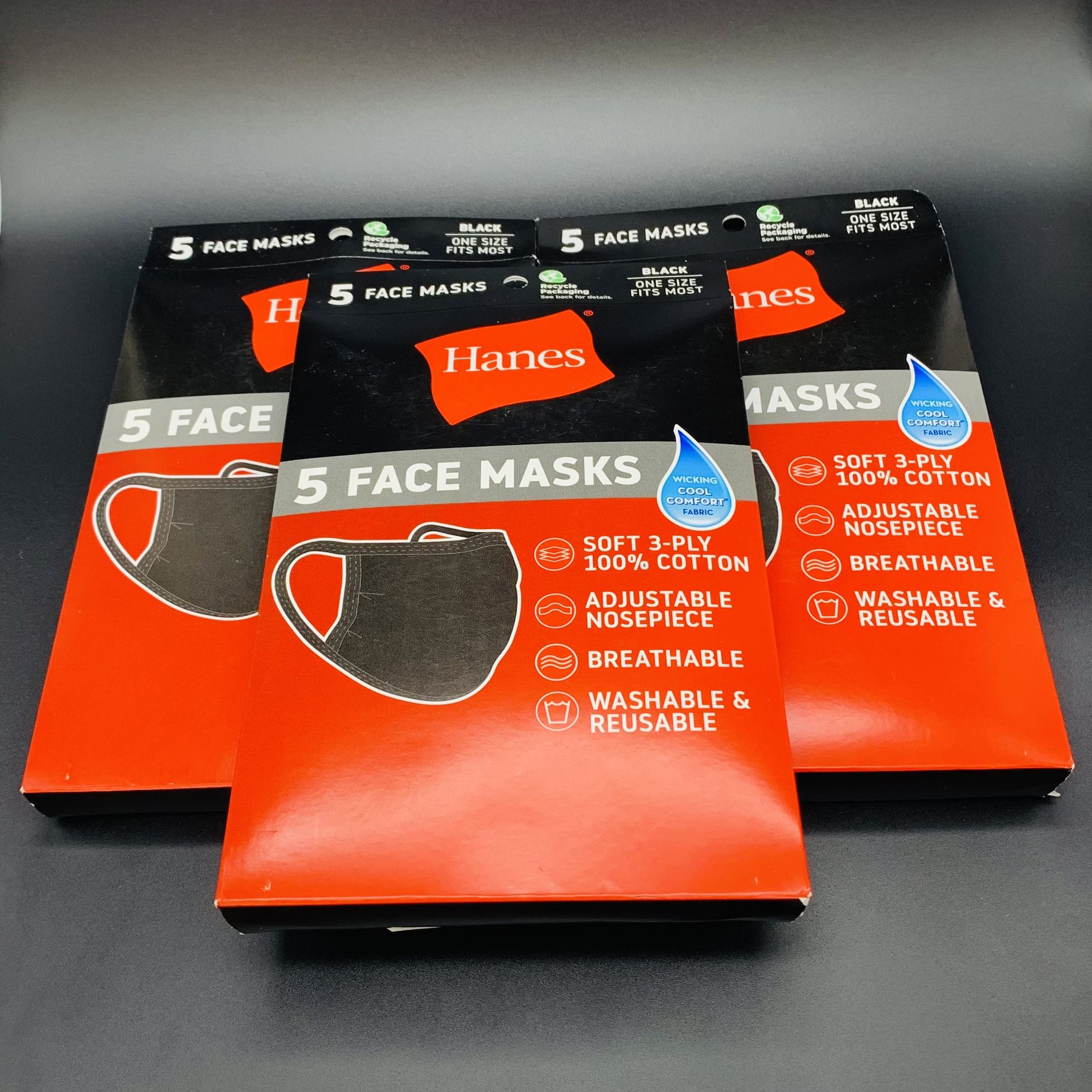 15 Pack Hanes 100% Cotton Black Face Masks One Size Fits Most