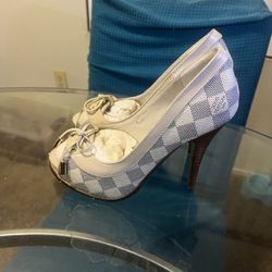 LOUIS VUITTON Damier Azur Logo Sandals #37 US7 Ribbon Cream Gra