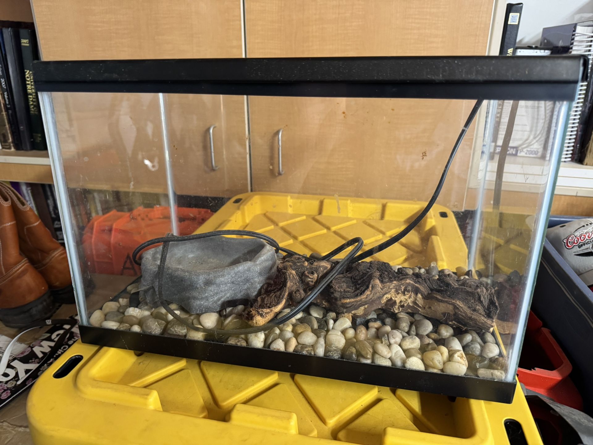 16” wide x 10.75” tall x 8.25” deep  Aquarium w/heat Pad