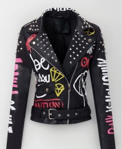 Black leather Studded Graffiti Print Moto Jacket from REDFOX. (Pre-owned) in great condition. Women’s size 2XL.