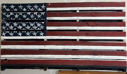 Rustic, hand-painted American flag made from reclaimed wooden pallet used as wall art: 53”x29”x 4”!