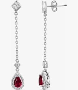 Silver Drop Earrings with Red Stone Pendant