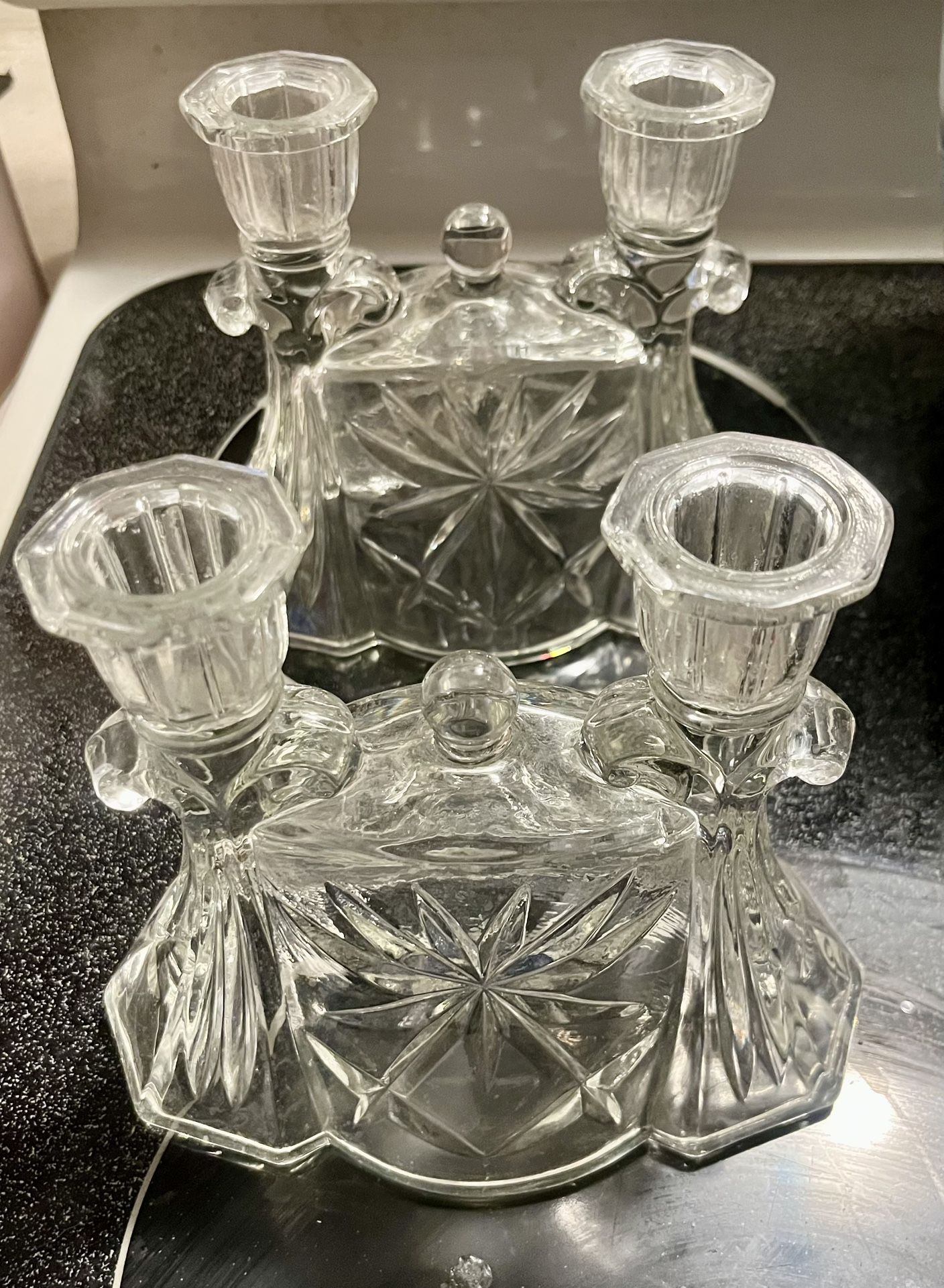Pair Anchor Hocking Prescut Double Candlestick Holder