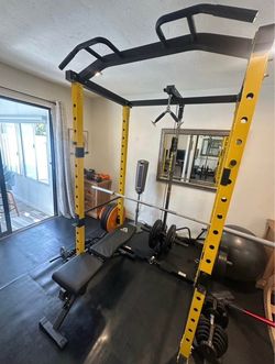 HULK FIT Power rack with with high and low pulley system attachments and basic weights bench ONLY RACK AND BENCH INCLUDED