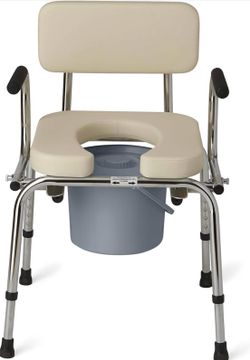 Padded Drop-Arm Commode Chair with Backrest, Removable Bucket & Splash Guard, Easy-Transfer Design, 350 lb Capacity, Tan
