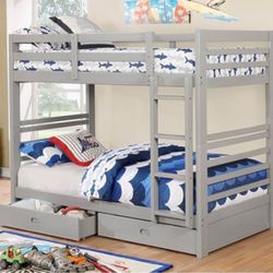 Brand New Grey Twin Size Bunk Bed w Trundle Drawers 