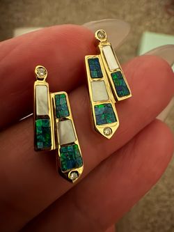 14k Australian Gold Opal Mother of Pearl Diamond Drop Earrings