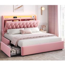 Pink Velvet Queen Bed 