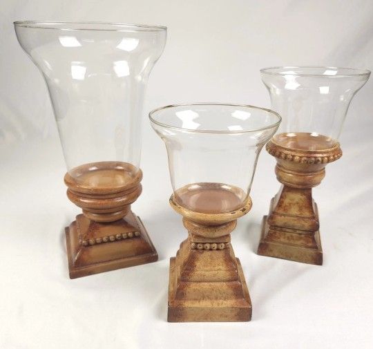 VINTAGE SOUTHERN LIVING AT HOME 3PC LARGE GLASS HURRICANE CANDLE HOLDER SET BROWN DISTRESSED FINISH