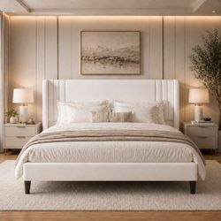 Queen Size Bed Frame, Velvet Platform Bed with Upholstered Wingback Headboard, N