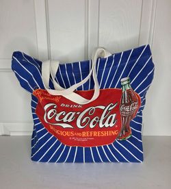 Vintage Coca Cola Blue Stripe Tote Bag with Red Logo 1990's Canvas Fabric