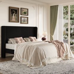 King Size Platform Bed Frame with Velvet Upholstered Wingback Headboard, Black