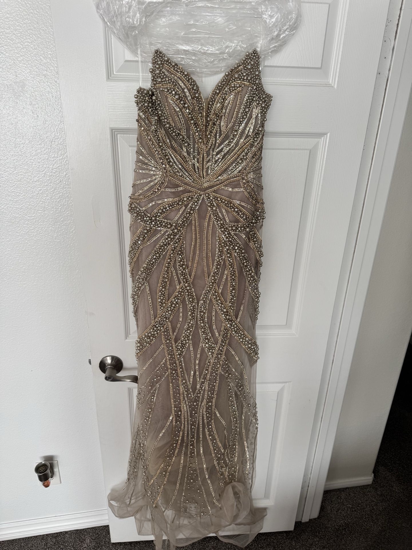 Used Beaded Champagne Evening Gown Size 10