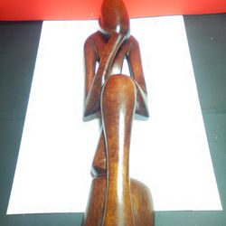 THE THINKING MAN CARVED SENEGAL WARM BROWN TONE WOOD SCULPTURE 1' 9"