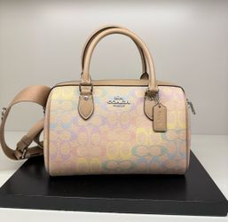 Coach Rowan Satchel Bag In Rainbow Signature Canvas CDA90 Sand Multi