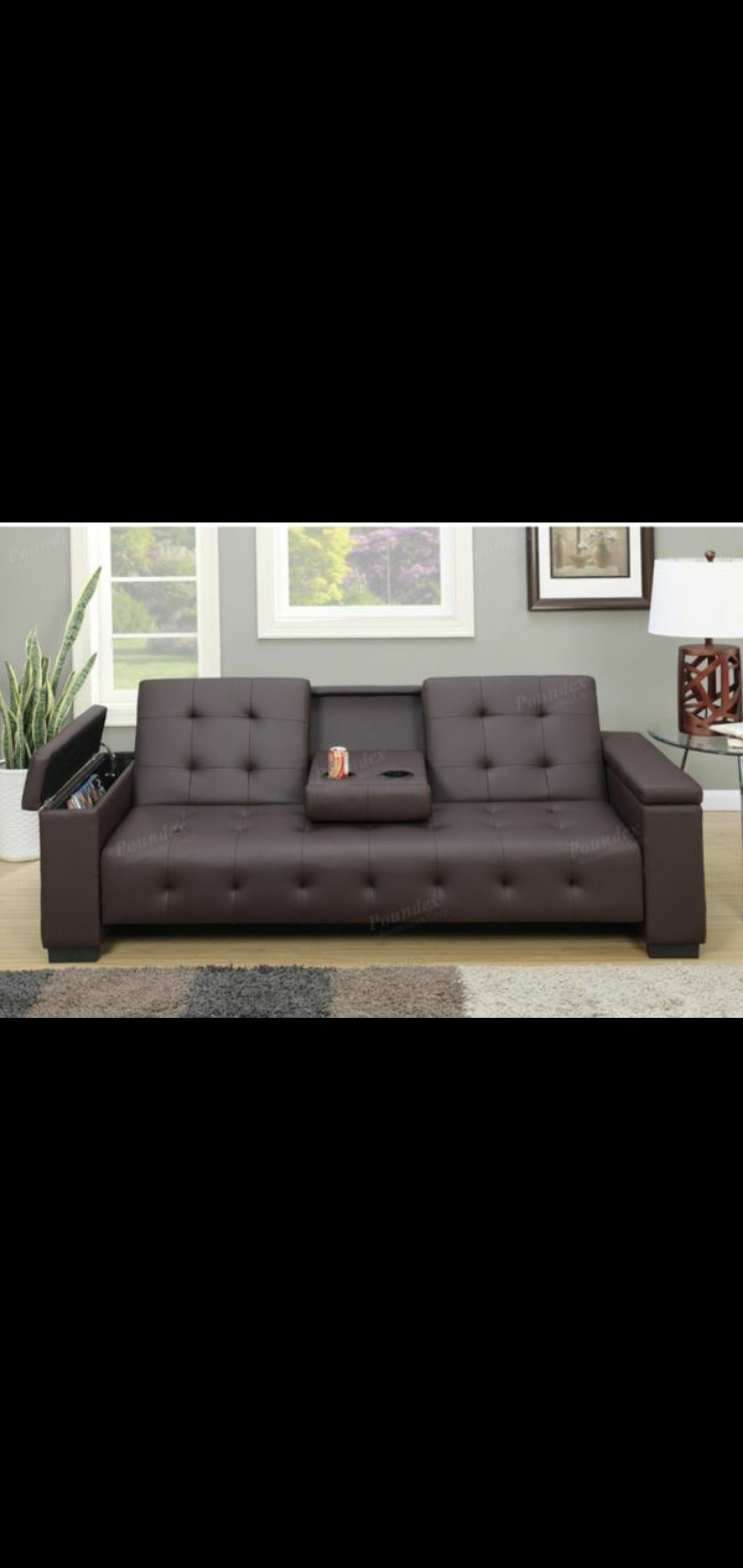 leather folding futon sofa bed with storage in the arms