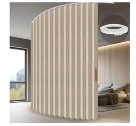 Jilron Accordion Folding Room Partition with Ceiling Track - Retractable Room Divider Curtain, Effortless Setup(Beige 180" W × 96” L-Pack of 1)