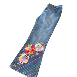 Reworked Upcycled Womens Jeans High Rise Flair Bottom Boho Hippie Vibe Size 16P  This product is a pair of women's jeans in size 16P ,with a high rise