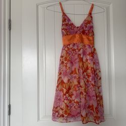 Vibrant Orange & Pink Floral Chiffon Dress with Satin Waistband & Statement Bow – New - Size Small
