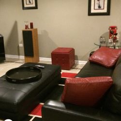 Genuine Italian leather couch., Red leather pillows, leather autumn.