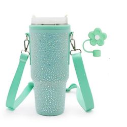 Teal Rhinestone Tumbler Sleeve with Flower Straw Topper for 40oz Tumblers Stanley Ozark Trail RTIC