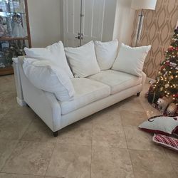 Fabric Covered White Couch W 5 Large Pillows