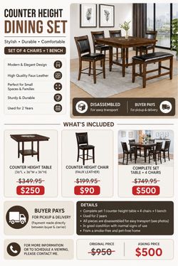Counter Height Dining Set – $500