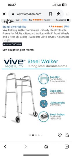 Vive Folding Walker for Seniors - Sturdy Steel Foldable Frame for Adults - Standard Walker with 5" Front Wheels and 2 Rear Ski Glides - Supports up to