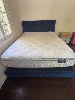 Blue velvet full bed with serta mattress and box spring