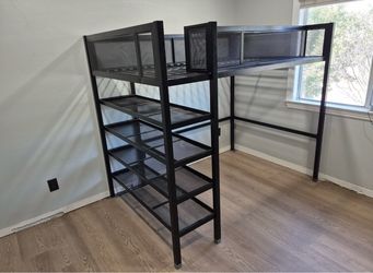 Black Metal Loft Bed Frame with Shelves