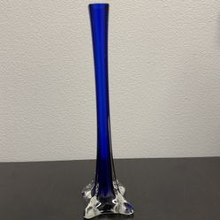 Cobalt Blue & Clear Art Glass Bud Vase Square 11.75" Tall | Single Flower Vase | Retro 