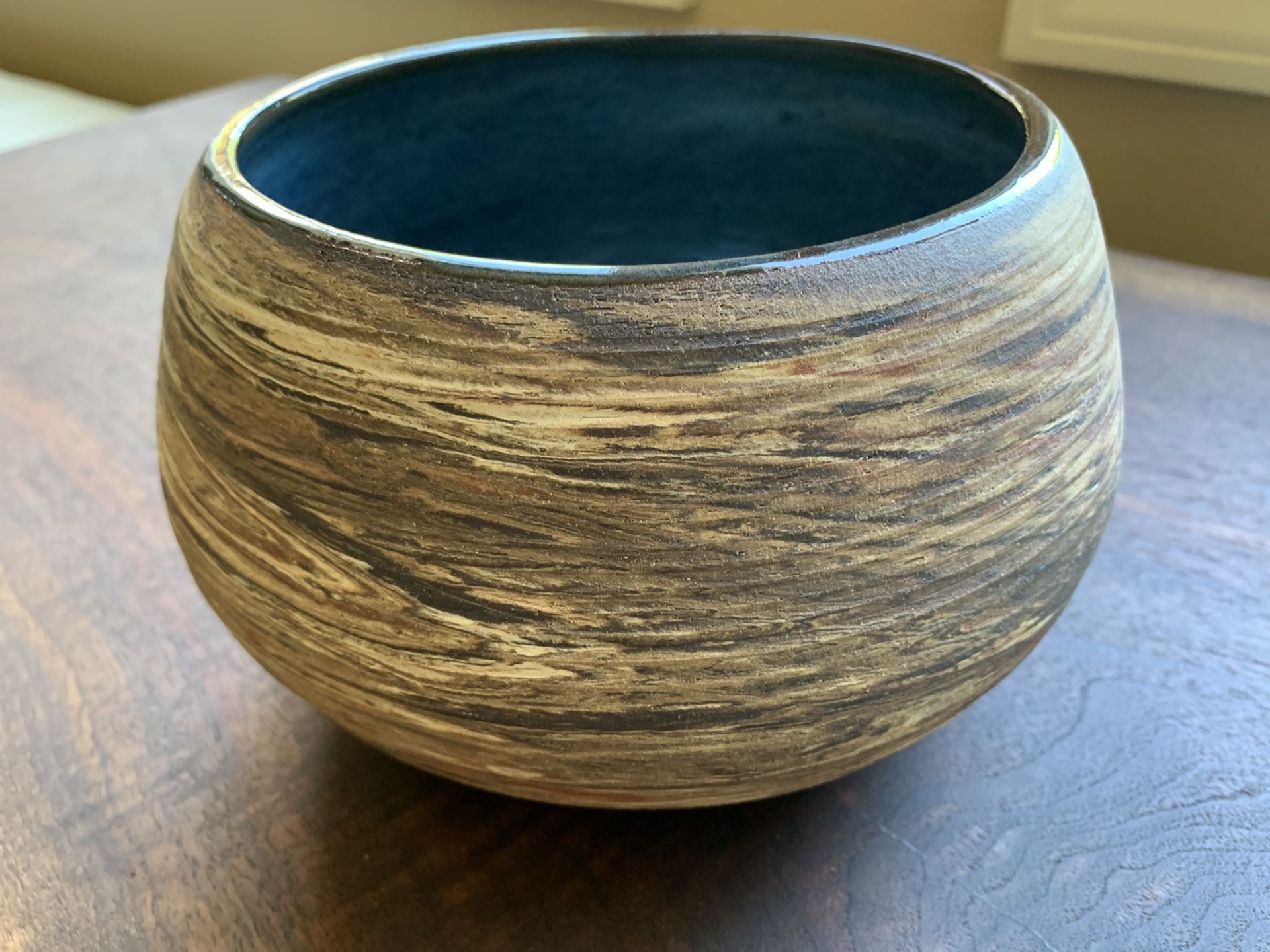 Unique Handmade marbled bowl with glossy blue glaze inside