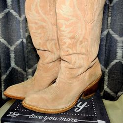 Miranda Lambert Pink Suede Heeled Boots with Classic Pointed Toe and Tall Shaft