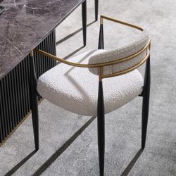 Modern Dining Chairs Set of 2, Upholstered Boucle Dining Chairs with Gold Armrest and Black Metal Legs, Accent Armchairs for Kitchen, Living Room and 