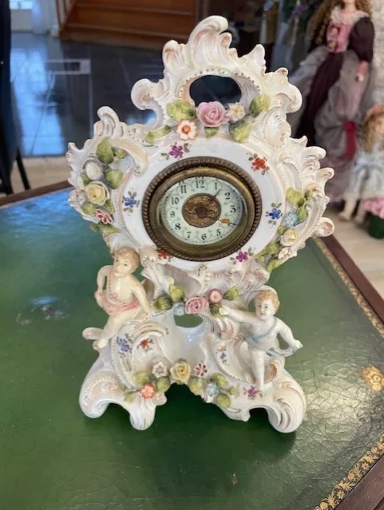 German Conta & Bohme Pobneck Antique Porcelain Mantel Clock Cirka 1880