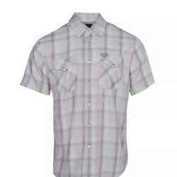 NWT Dixxon Flannel Bamboo Montana Bone White Plaid Pearl Snap Short Sleeve Shirt
