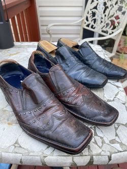 Set Of Two Mark Nason Leather Slip Ons Size 9 In Brown And Blue Leather