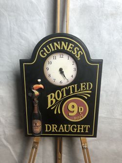 Guinness Bottled 9D Pint Draught Wooden 3-D Clock, Dark Beer Sign, VG Ready To Hang, Batteries Not Included, Worked Last Tested, Medium Size