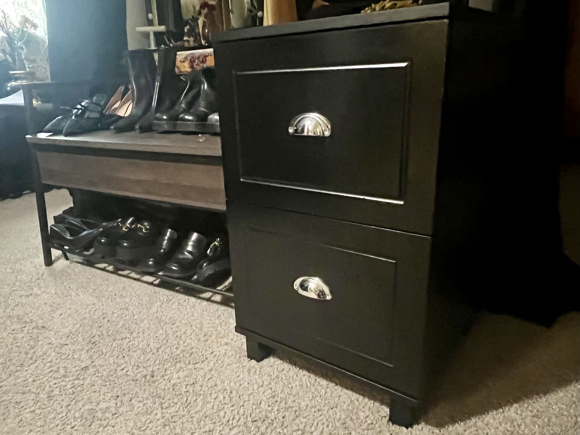 REDUCED PRICE!!! SLEEK, FASHIONABLE 2-DRAWER FILING CABINET, BLACK WITH CHROME HANDLES, ASKING $50 OBO!!!