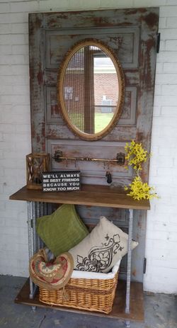 Upcycled antique door/hall tree entryway table