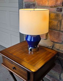 Blue Ceramic Table Lamp with Drum Shade