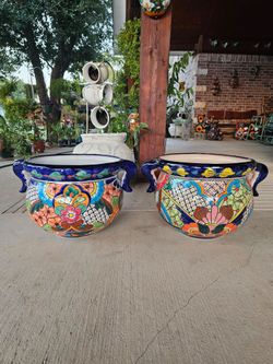 Talavera Large Orejones Blue Rim Clay Pots, Planters,Plants, Pottery $75 cada uno.