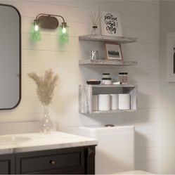 RICHER HOUSE 3-Set Rustic White Floating Shelf, Bathroom Shelf Over Toilet Cube Wall Mounted Shelves, Invisible Bracket, Moisture Resistant Shelves fo