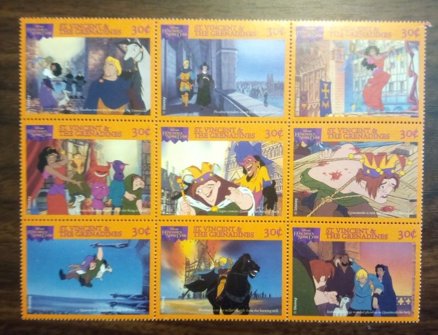 1996 St. Vincent Grenadines Hunchback Notre Dame Souvenir Sheet of 9 Stamps MNH