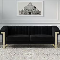 83.86 in. Transitional Square Arm Velvet Straight Sofa with Removable Cushion in Black

