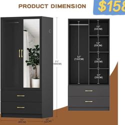 😀 Lvifur LED Storage Cupboard, Wardrobe with Clothes Rails and 2 Drawers, Wardrobe Closet with Mirror, Bedroom Cabinet with LED Light and Human Senso