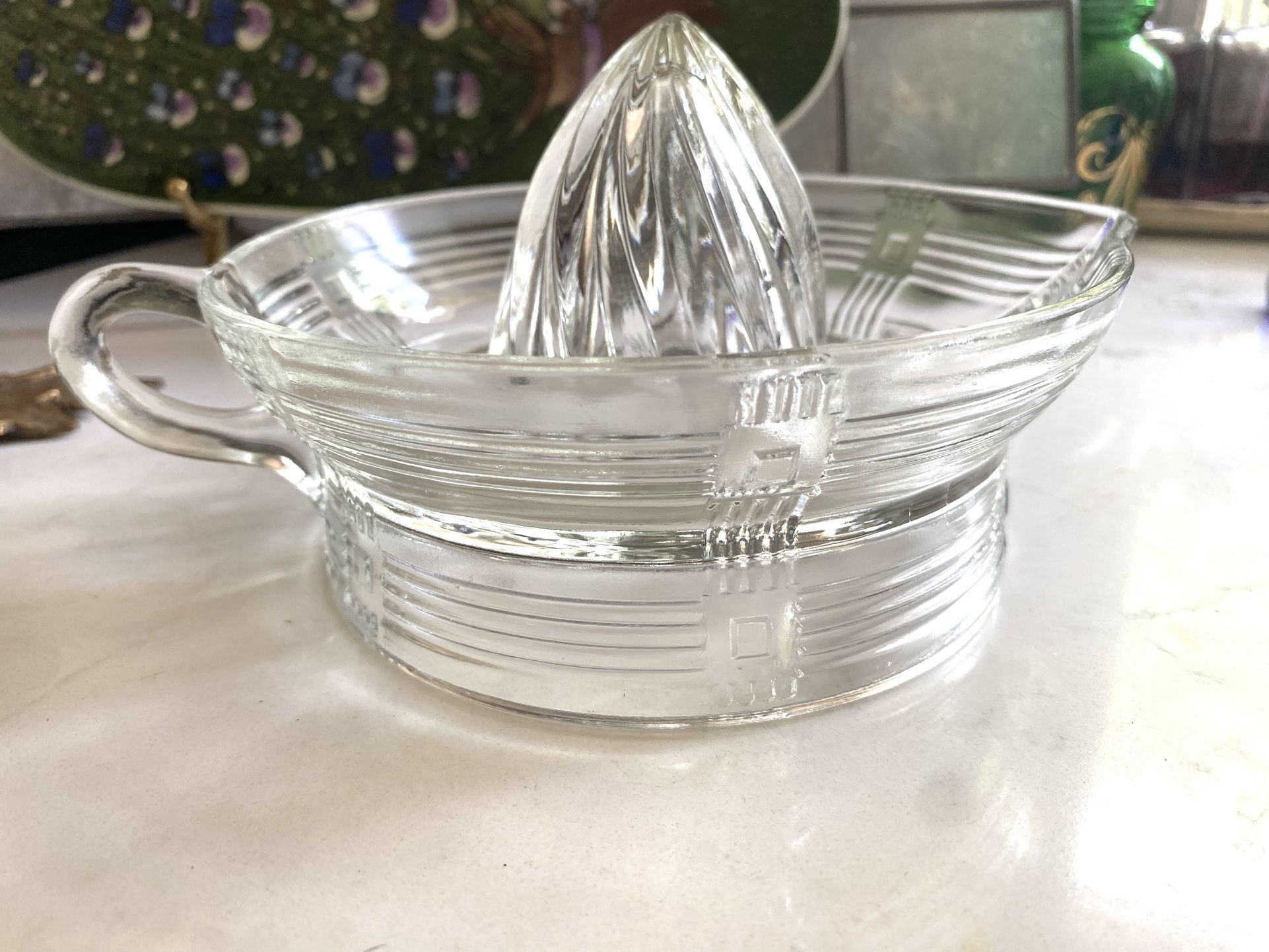 Vintage 1940s Hazel Atlas Large Clear Glass Citrus Juicer Ribbed Criss Cross Depression Glass The juicer measures approximately 6.25 inches in diamet