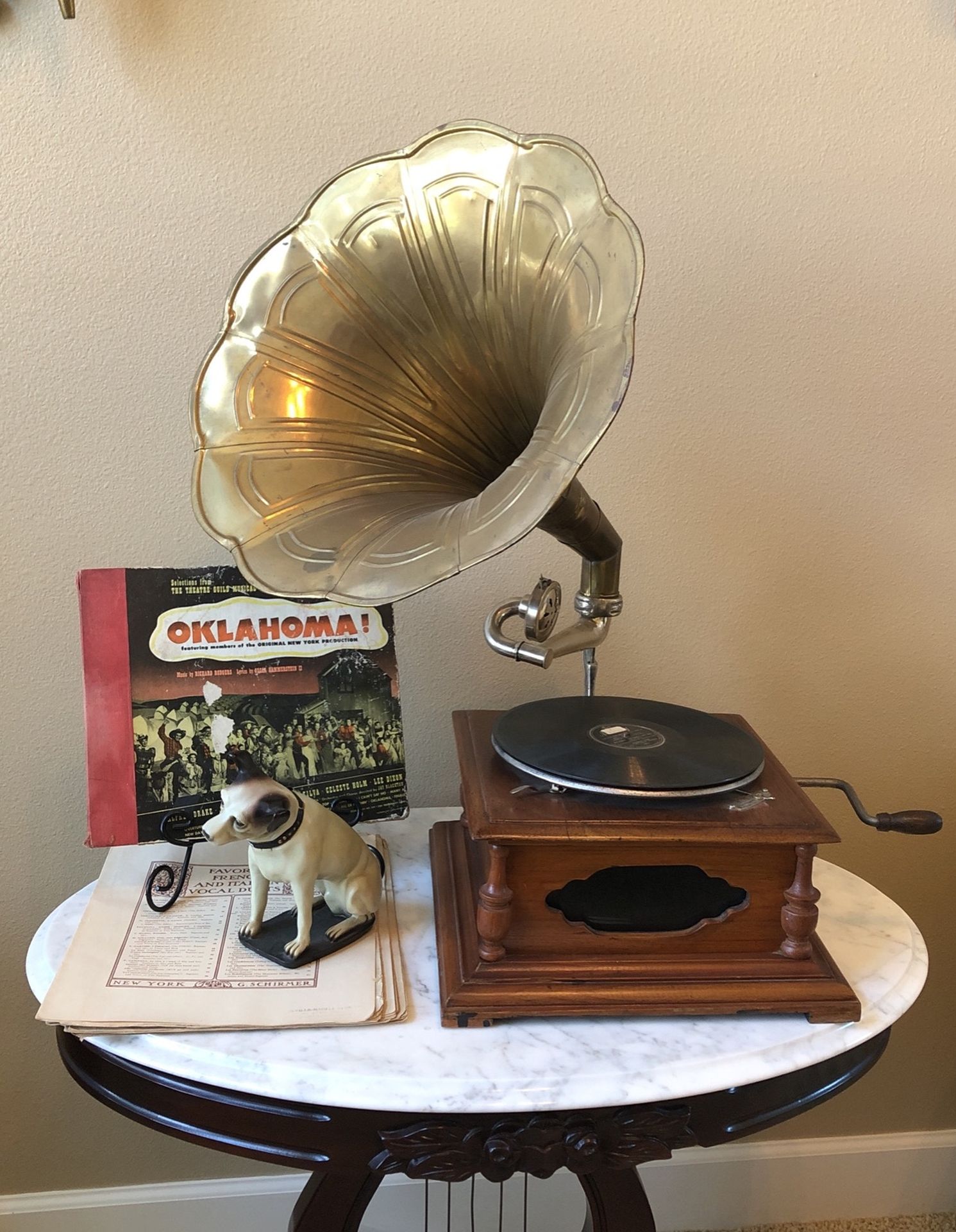 Reproduction vintage record player with dog